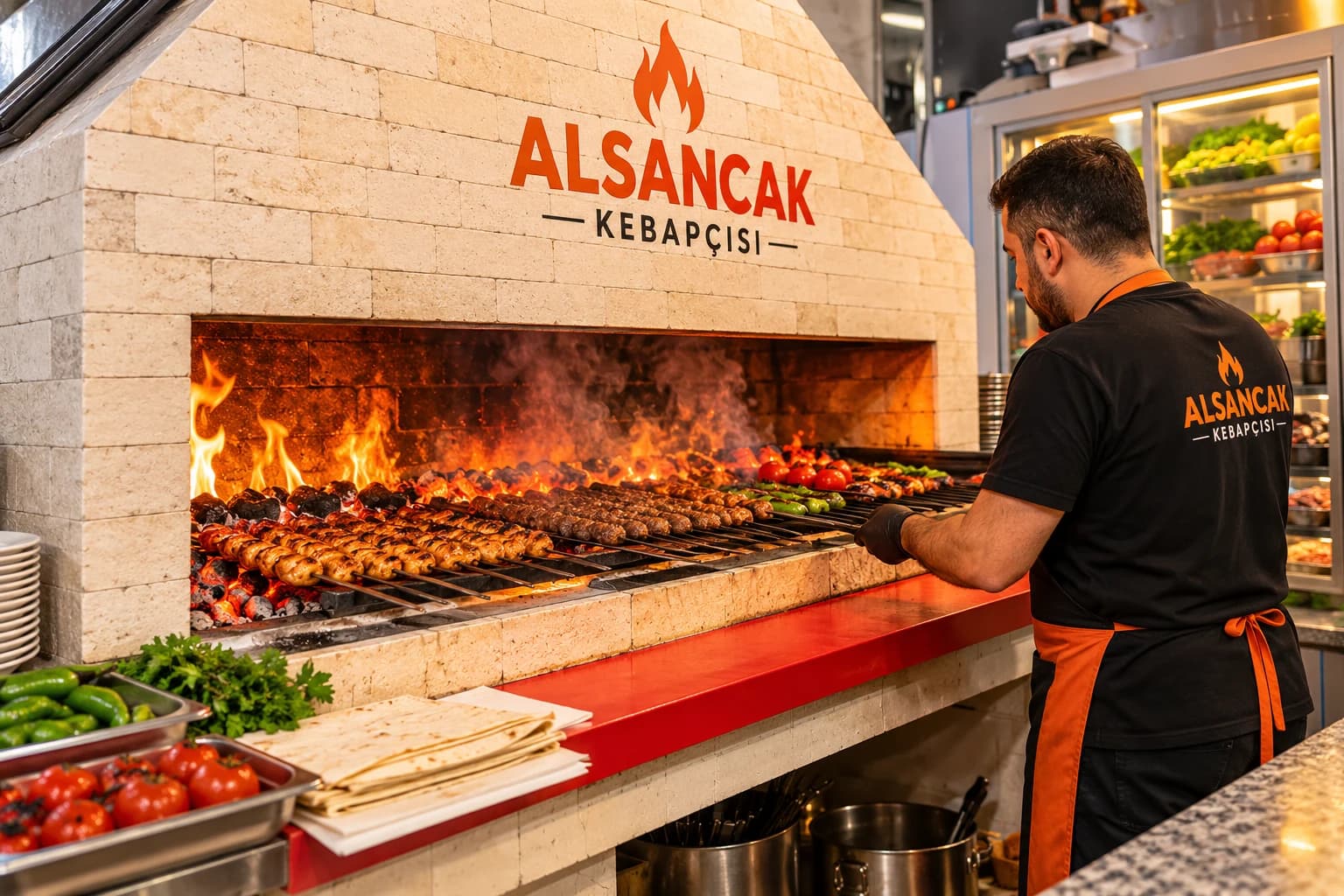 Alsancak Kebapçısı logolu kömür ızgarasında kebap hazırlayan usta