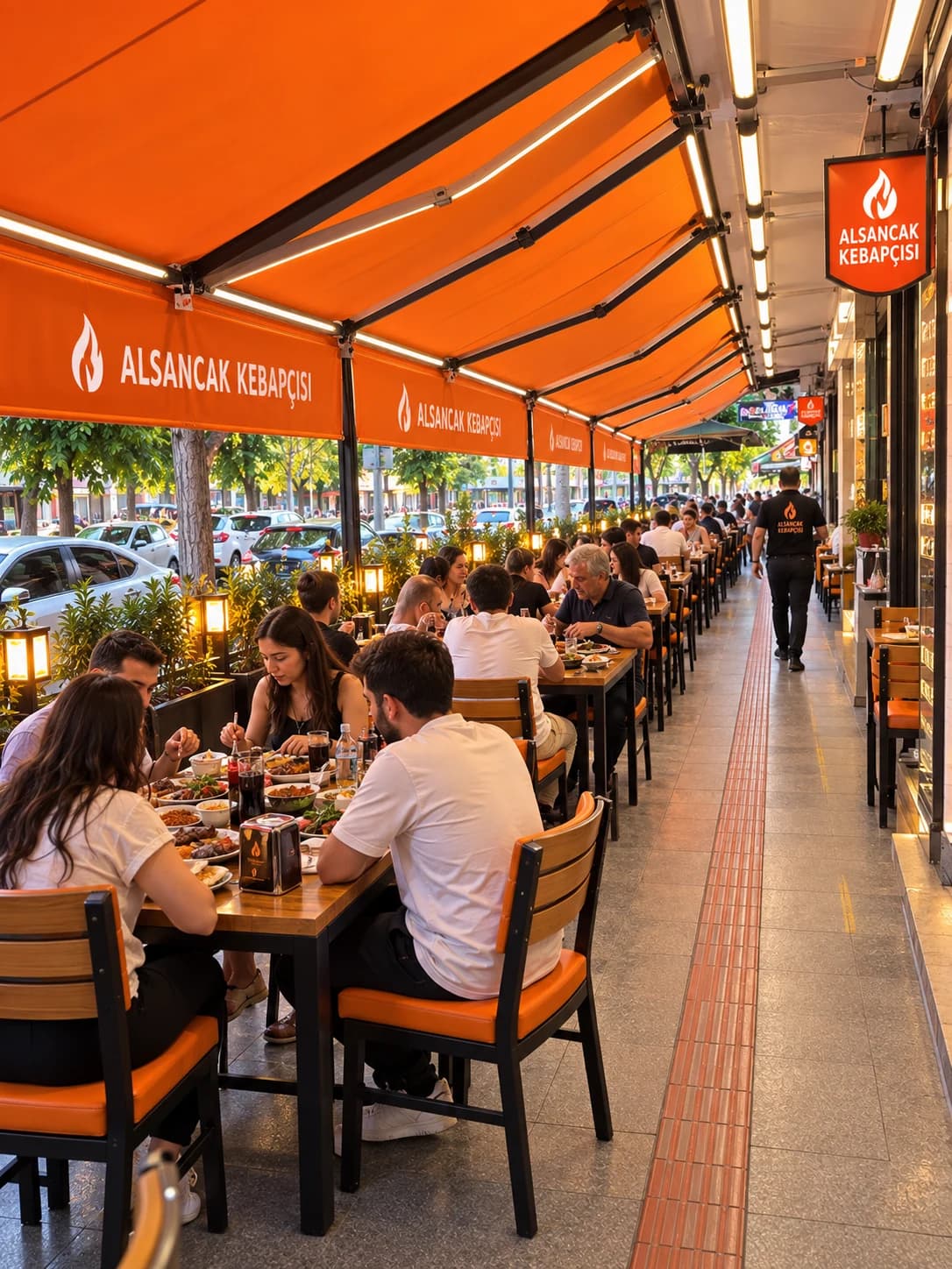 Alsancak Kebapçısı logolu turuncu tentelerin altında birlikte yemek yiyen misafirler